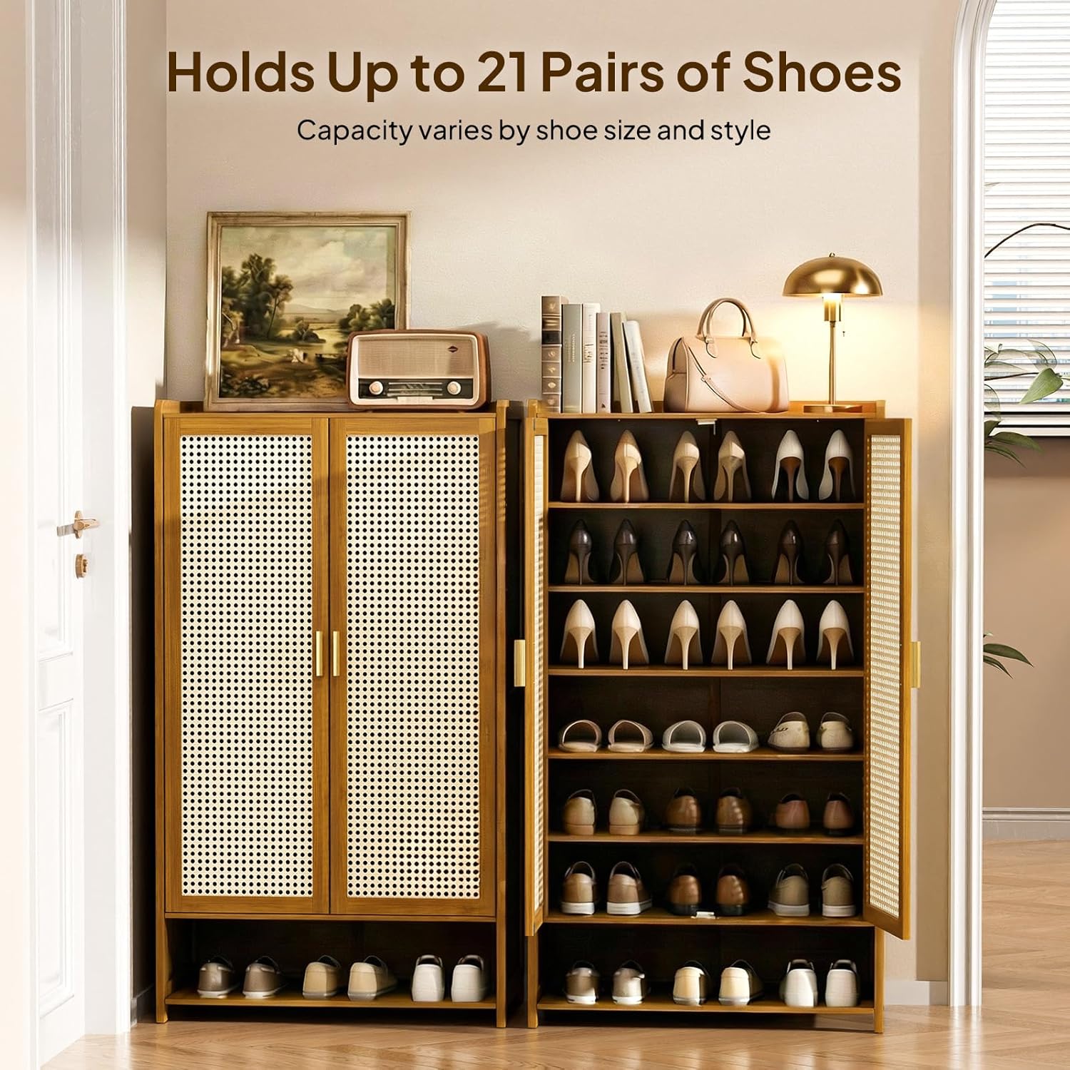 Shoe Cabinet with Doors, 7-Tier Bamboo Shoe Storage Cabinet for Entryway, Freestanding Shoe Rack Cabinet for Hallway Apartment, 43" Tall Modern Farmhouse Style, Holds 24 Pairs，Brown