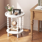 Round Side Table with Storage Shelf, 2 Tier Accent End Table with Spindle Legs, Modern Nightstand Beside Table for Living Room, Bedroom, Office, White