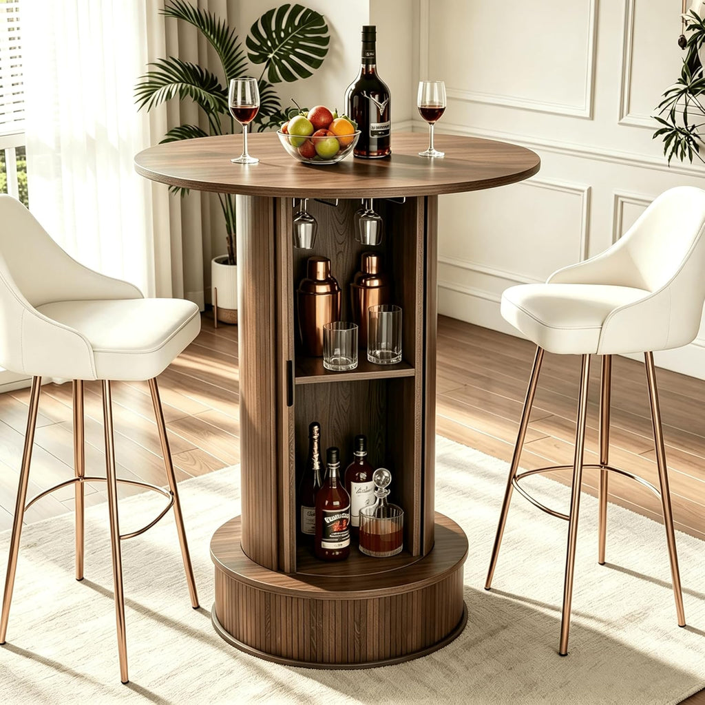 Round Bar Table with 2-Tier Hidden Storage, 38.1" H Wood High Top Table, Bistro Pub Table with Footrest, Cocktail Tables for Coffee Bar, Kitchen Dining Room, Small Space (Walnut)