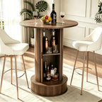 Round Bar Table with 2-Tier Hidden Storage, 38.1" H Wood High Top Table, Bistro Pub Table with Footrest, Cocktail Tables for Coffee Bar, Kitchen Dining Room, Small Space (Walnut)