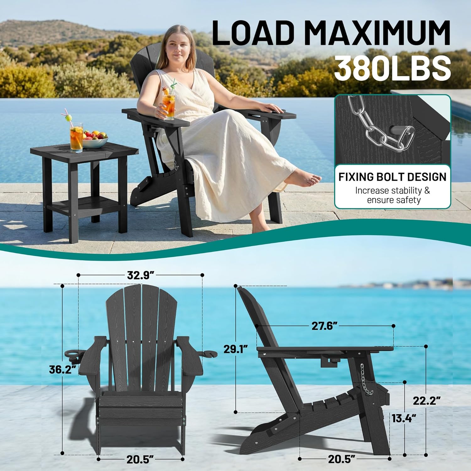 PLUUV Folding Adirondack Chair Set of 2, Easy Storage Space Saving, 380 LBS Capacity Weather Resistant HDPE with Two-Cup Holder for Outdoor Patio Fire Pit Gathering, Black