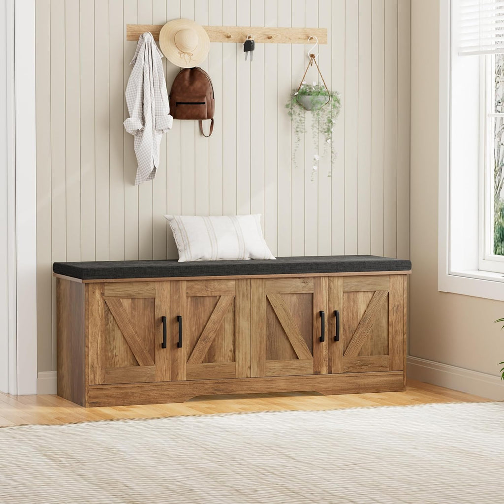 HOMSHO 2-Tier Storage Bench, 47.2" Wide Shoe Bench with Padded Seat Cushion, Entryway Bench with 4 Barn Doors and Adjustable Shelf, Rustic Walnut