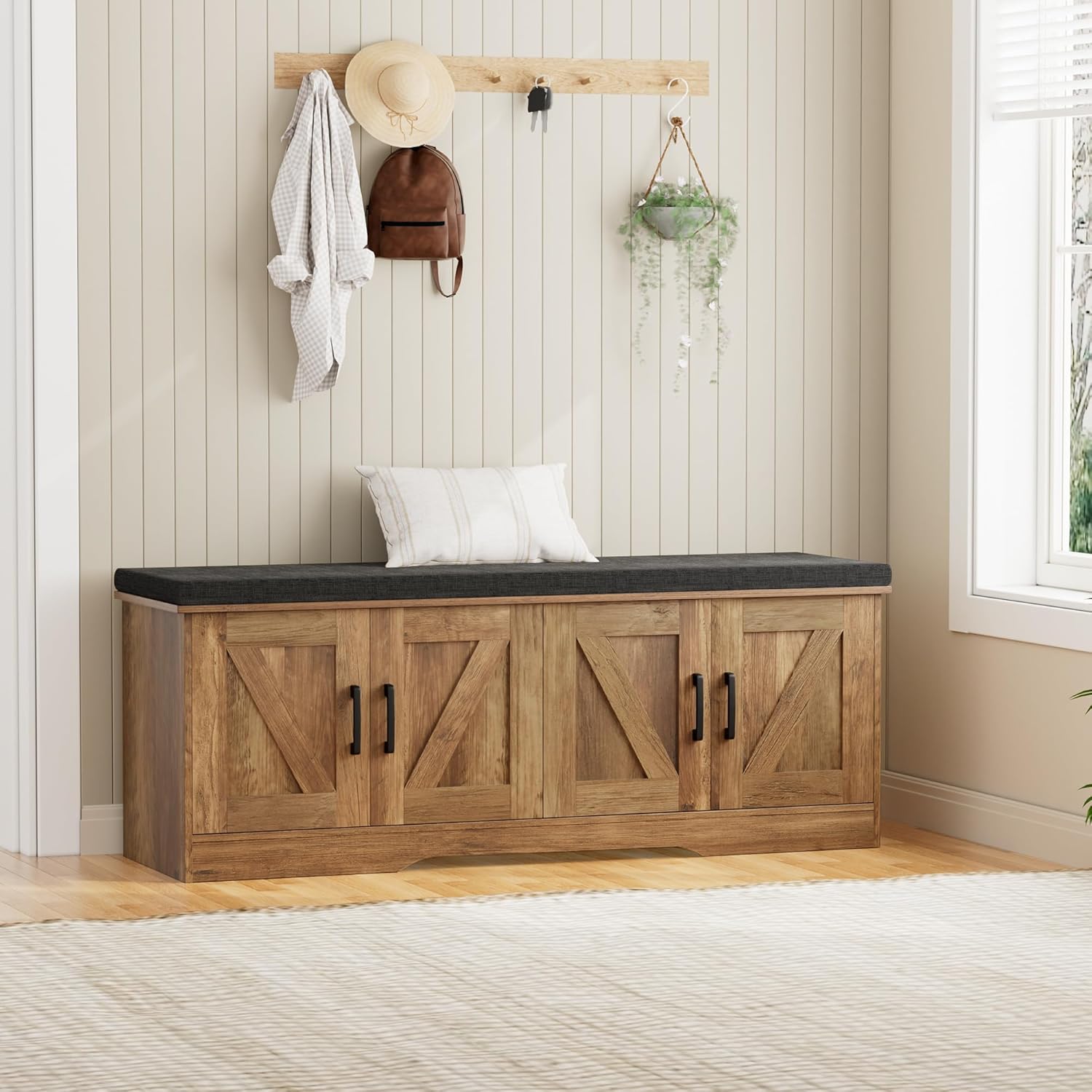 HOMSHO 2-Tier Storage Bench, 47.2" Wide Shoe Bench with Padded Seat Cushion, Entryway Bench with 4 Barn Doors and Adjustable Shelf, Rustic Walnut