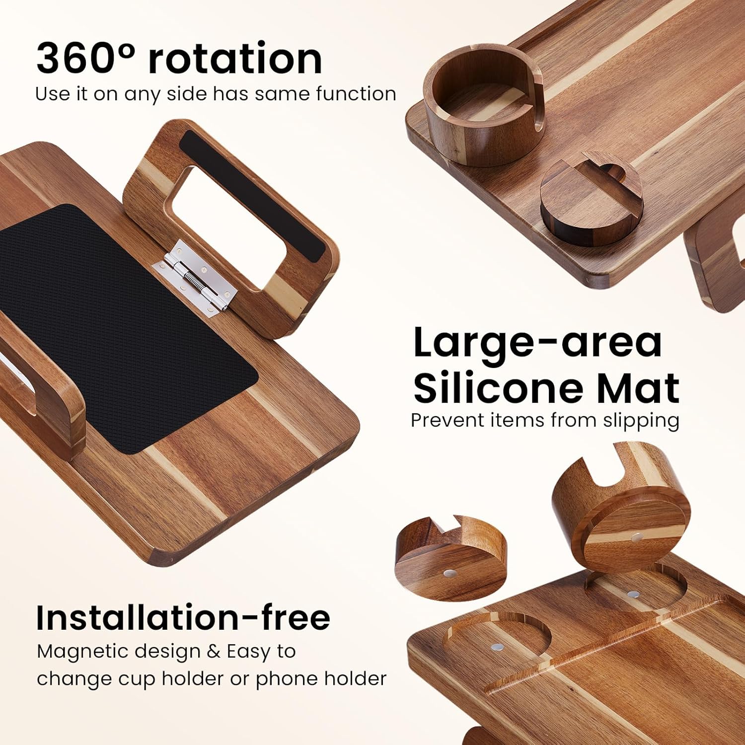 3 in 1 Acacia Wood Couch Arm Tray,Couch Tray with Cup Holder and Phone Holder,Folding Sofa Armrest Trays Clip-On Sofas Desk for Drinks,Snacks,Phone,Remote Control