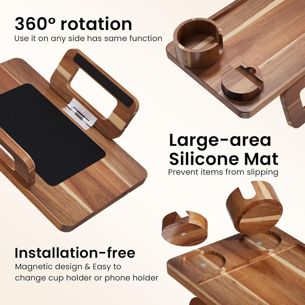 3 in 1 Acacia Wood Couch Arm Tray,Couch Tray with Cup Holder and Phone Holder,Folding Sofa Armrest Trays Clip-On Sofas Desk for Drinks,Snacks,Phone,Remote Control
