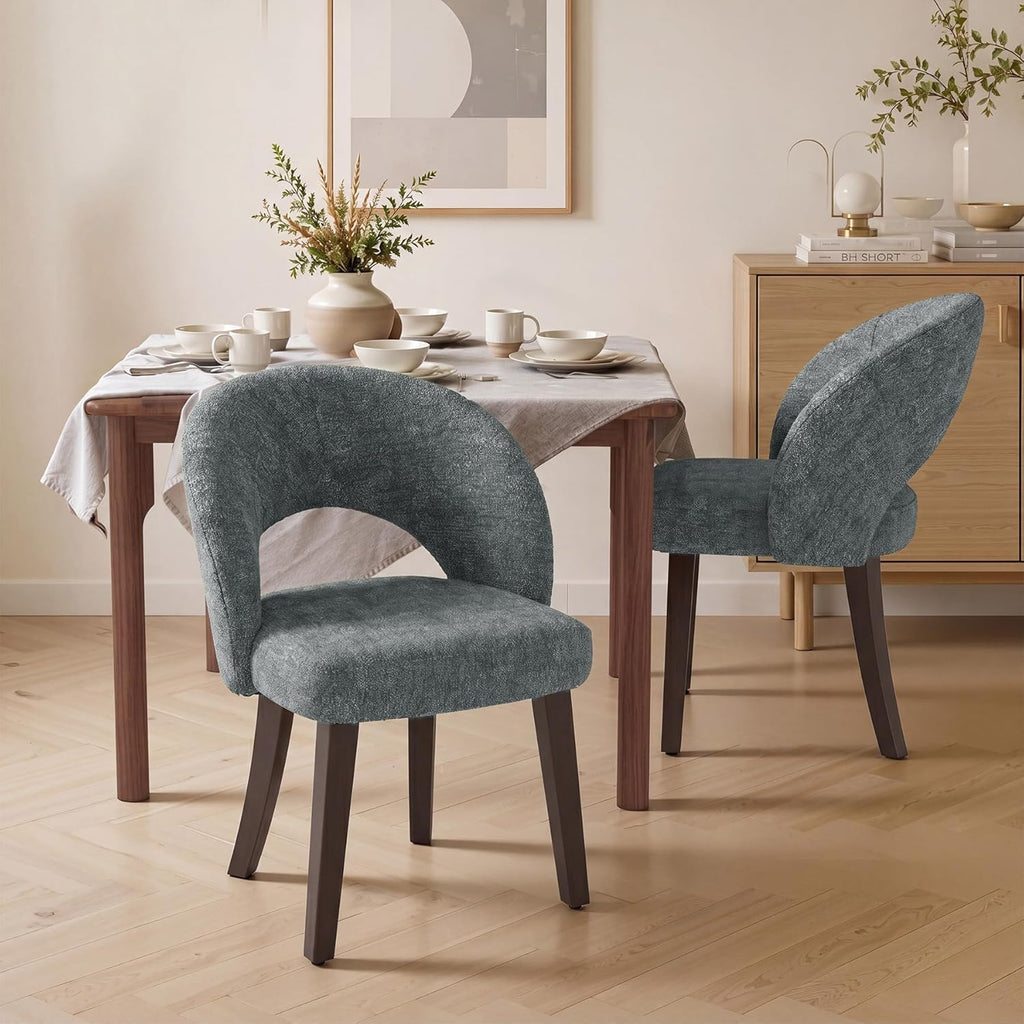 Dining Chairs Set of 2, Mid Century Modern Dining Chairs with Solid Wood Legs, Curved Back Kitchen Chair Farmhouse Side Upholstered Chairs for Kitchen Dining Room, Gray