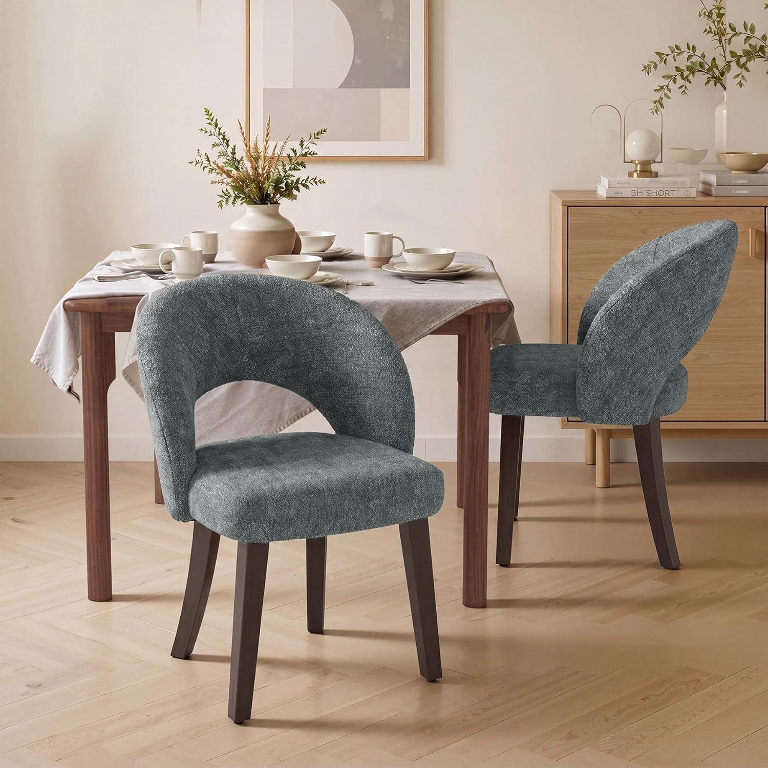 Dining Chairs Set of 2, Mid Century Modern Dining Chairs with Solid Wood Legs, Curved Back Kitchen Chair Farmhouse Side Upholstered Chairs for Kitchen Dining Room, Gray
