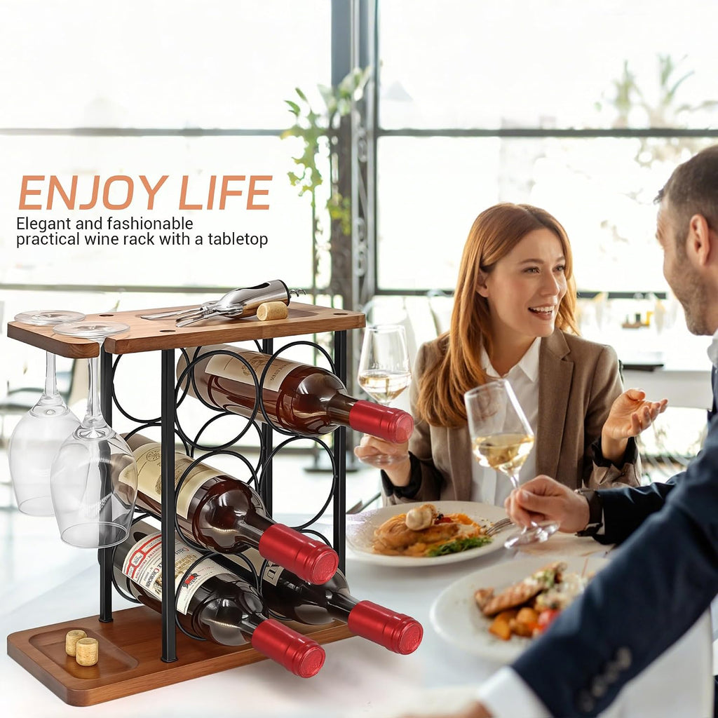Wooden Wine Racks Countertop with Tray, Wine Bottle Holder for 6 Bottles & 2 Glasses, Perfect for Kitchen, Bar, Table, Cabinet, Wine Cellar