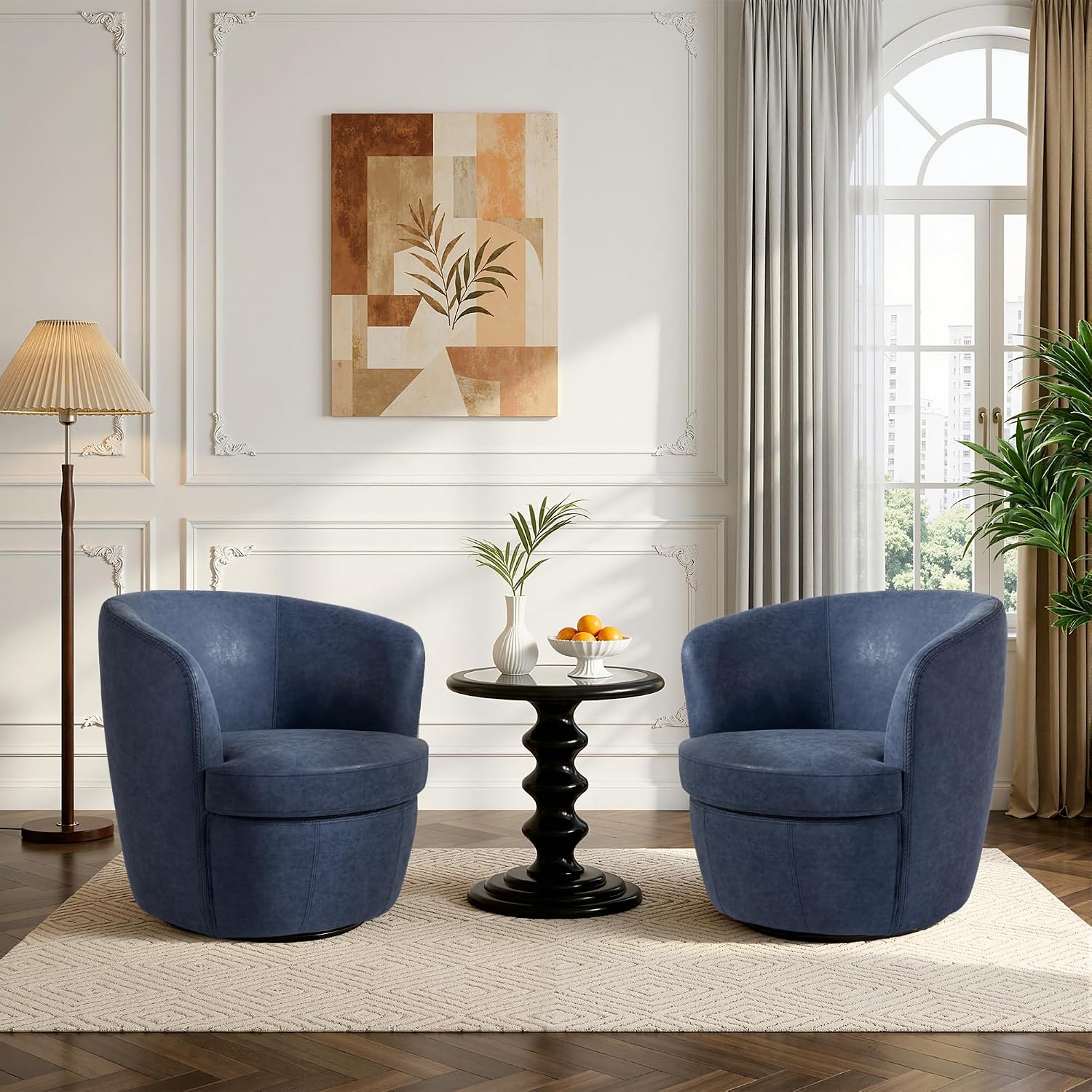 Swivel Accent Chair, Faux Leather Barrel Chair Upholstered Armchair for Living Room, Modern Round Arm Club Chair with Metal Base - Navy Blue, Set of 1