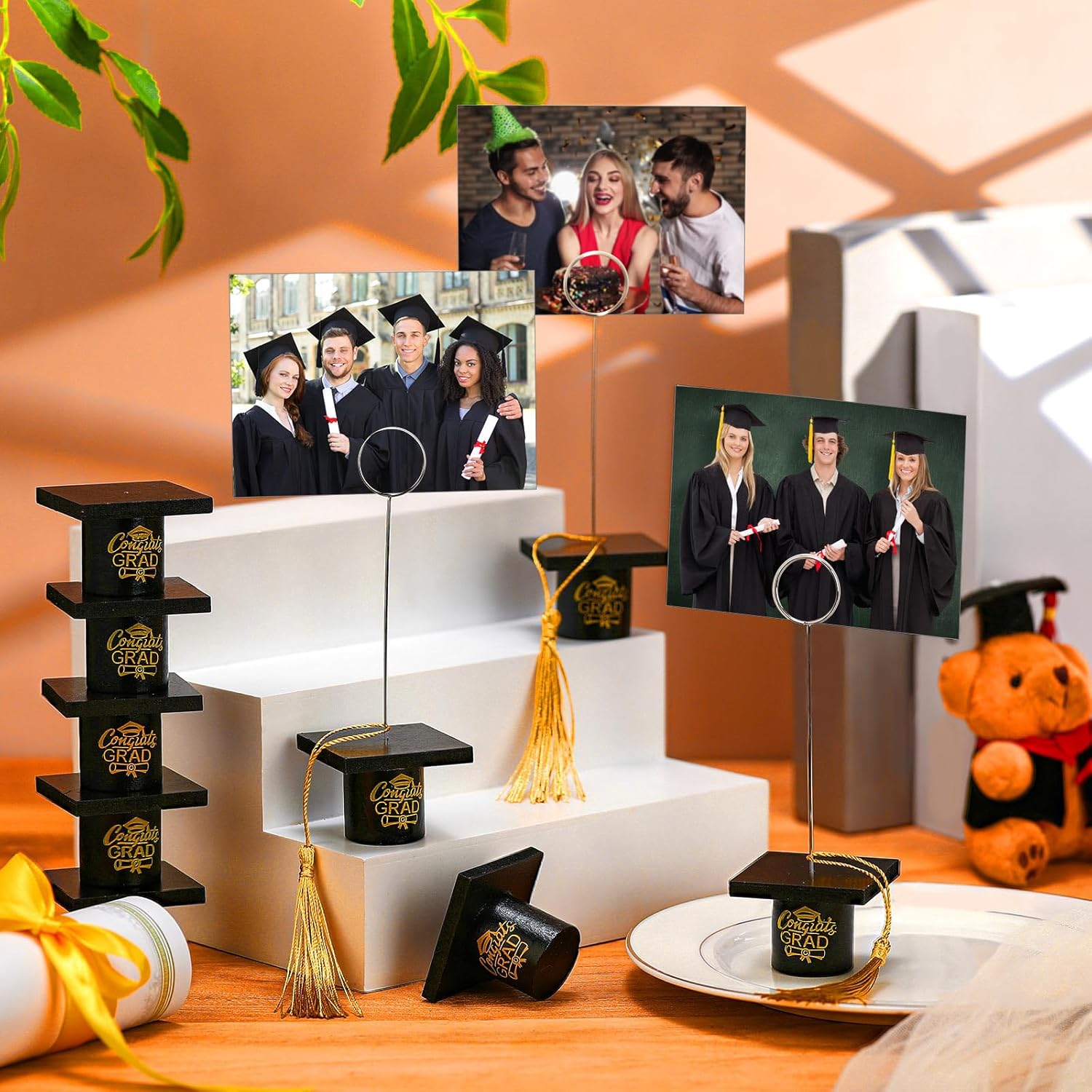 Fullhawl 12 Pcs Graduation Picture Holder, Wooden Grad Cap Photo & Table Number Holders with Tassel, Congrats Grad Place Card Holders for Tables Centerpieces Graduation Party Supplies(Black)