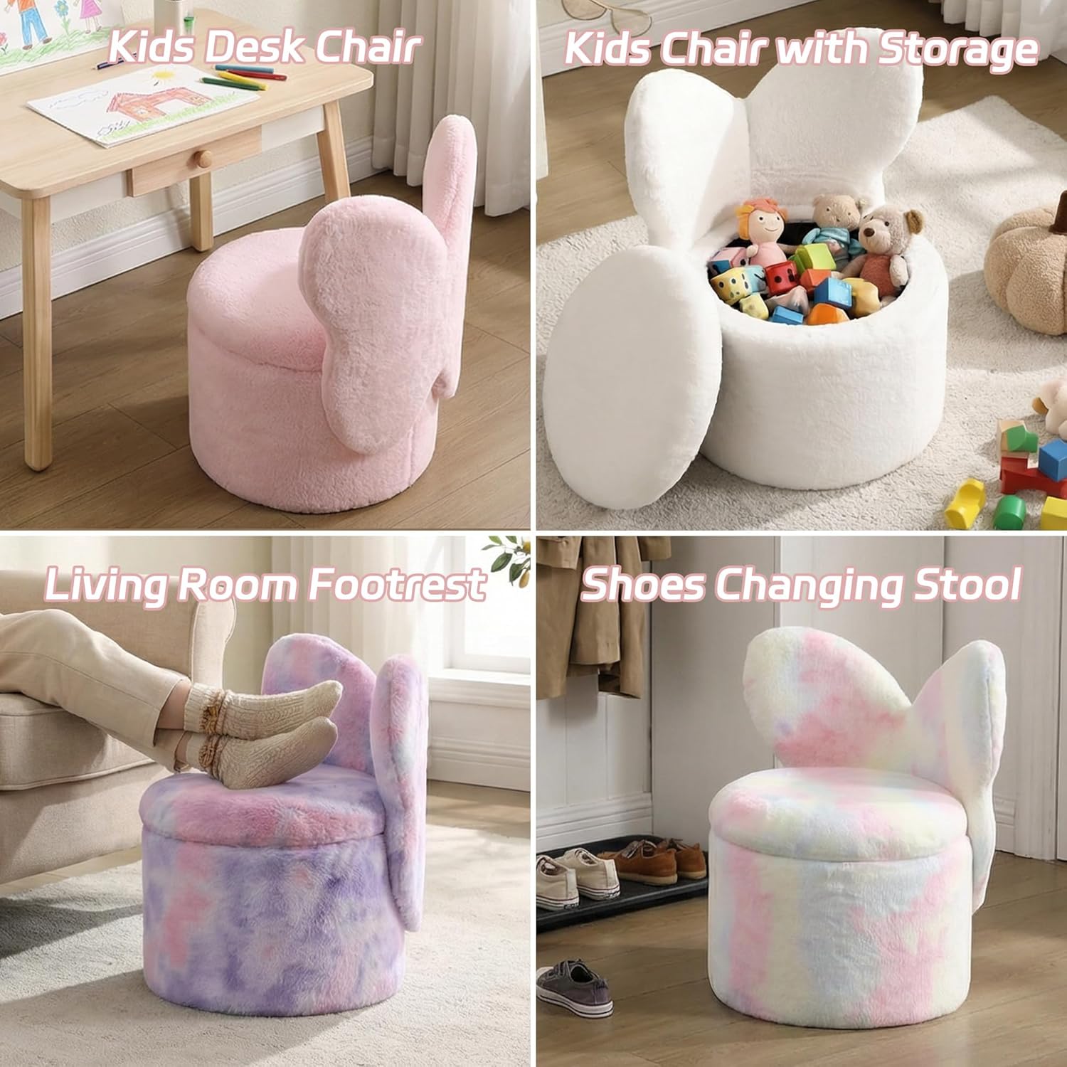 Toddler Chair Comfy Kids Chair with Storage, Cute Butterfly Chair for Girls, Plush Kids Reading Chair, 2 in 1 Pink Storage Ottoman Chair, Desk Chairs for Kids Furniture Decor Gifts, Pink