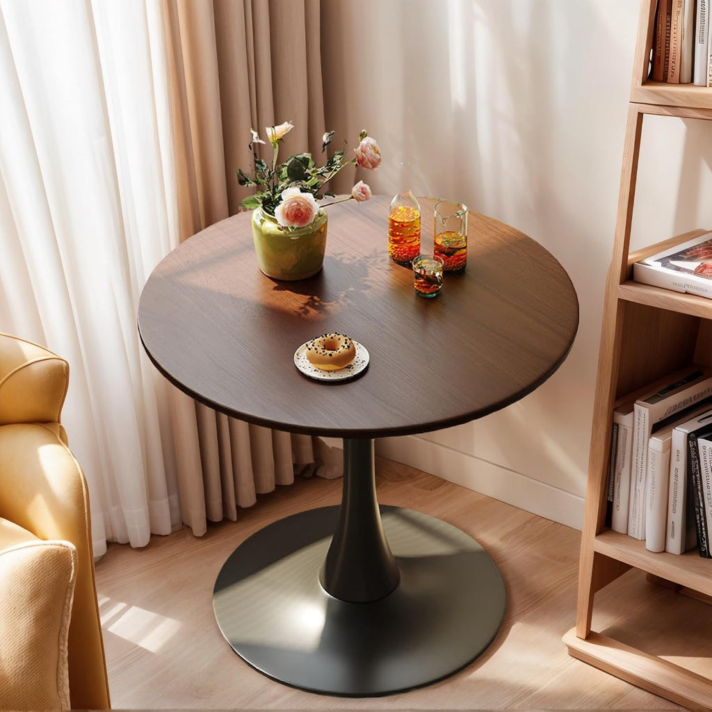 Round Dining Table, 23.6" Small Dining Table for 2 with Thickened Top and Metal Pedestal, Round Kitchen Table for Dining Room, Living Room, Cafe, Walnut