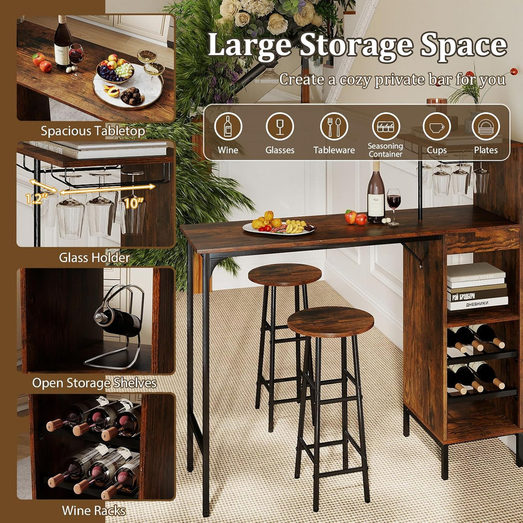 COSTWAY 3 Pieces Bar Table and Chair Set, Industrial Pub Table & Stools with Wine Glass Holders & 6-Bottle Wine Racks, Counter Height Dining Table Set for Living Room Dining Room Kitchen (Coffee)