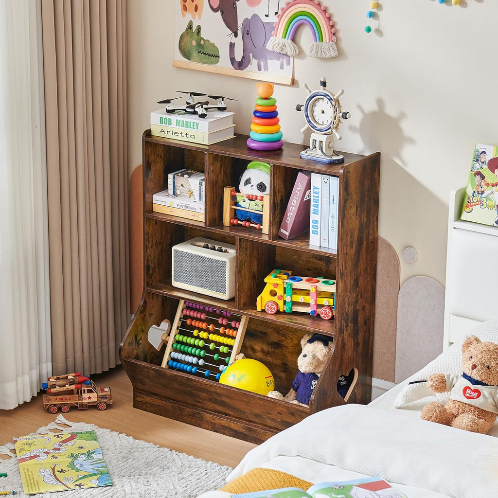 Lerliuo Kids Toy Storage Organizer, 3 Tier Children Small Bookcase and Bookshelf, Toddler 7 Cubby Toy Storage Cabinet, Toy Shelf for Playroom, Bedroom, Living Room, Nursery, School 29.53'' H (Brown)