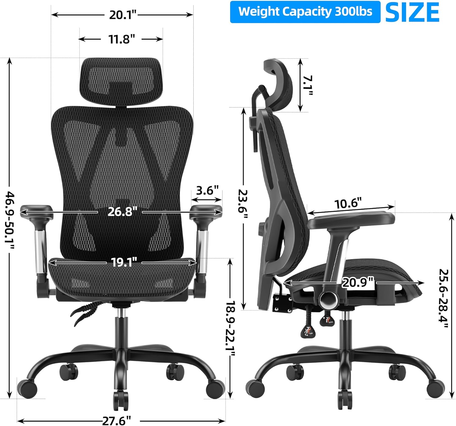Ergonomic Office Chair, Breathable Mesh Back and Seat, High Back Desk Chair with Adjustable Lumbar Support, 5D Armrests, 135° Reclining Backrest, 2D Headrest, Home Office Computer Chair