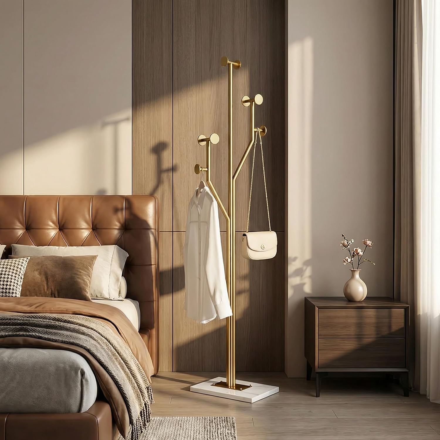 SYO Gold Metal Coat Rack (with Marble Base) — Entryway Standing Coat Stand, Heavy-Duty Vertical Design, Suitable for Entryways, Bedrooms, and Living Rooms