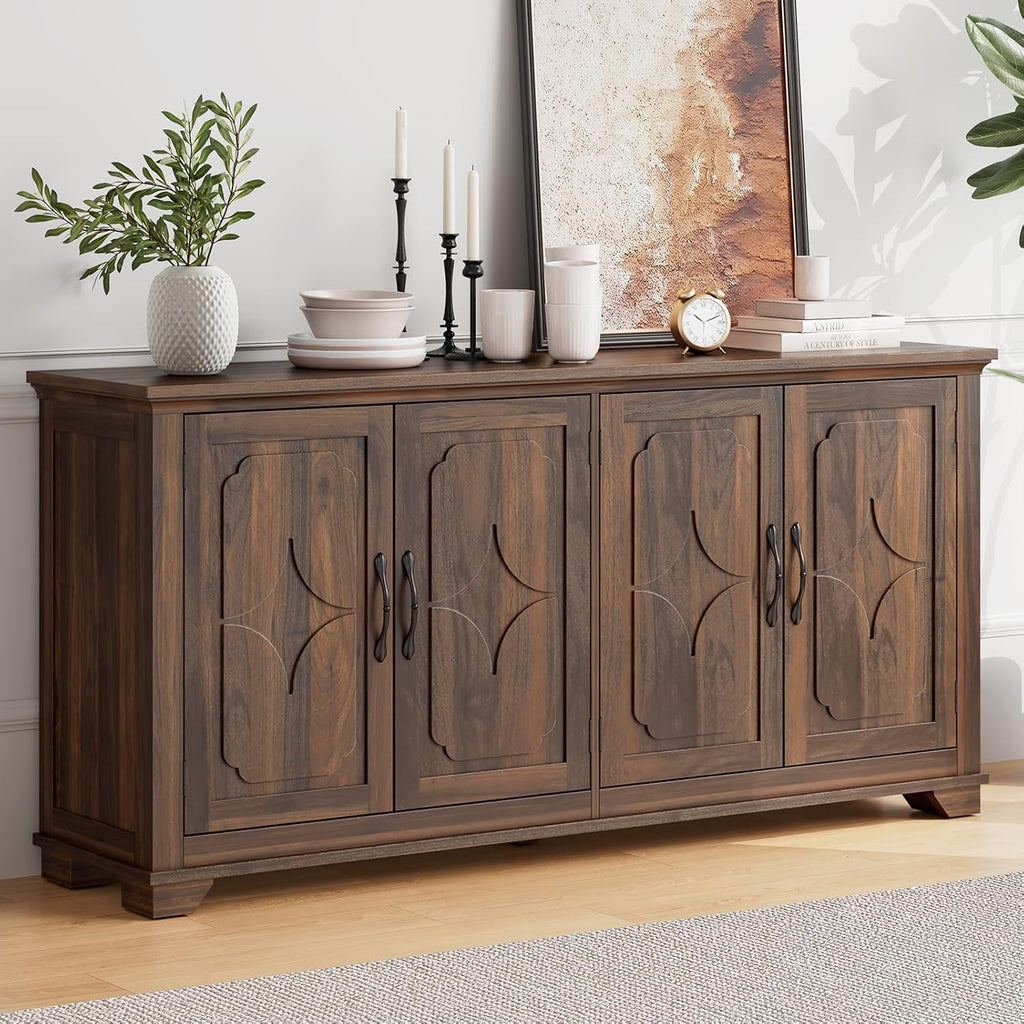 ONBRILL 63 Inch Buffet Cabinet with Storage, Large Sideboard Cabinet with 4 Carved Doors, Modern Credenza Storage Cabinets w/Adjustable Shelves for Kitchen, Living Room, Brown