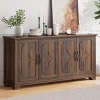 ONBRILL 63 Inch Buffet Cabinet with Storage, Large Sideboard Cabinet with 4 Carved Doors, Modern Credenza Storage Cabinets w/Adjustable Shelves for Kitchen, Living Room, Brown