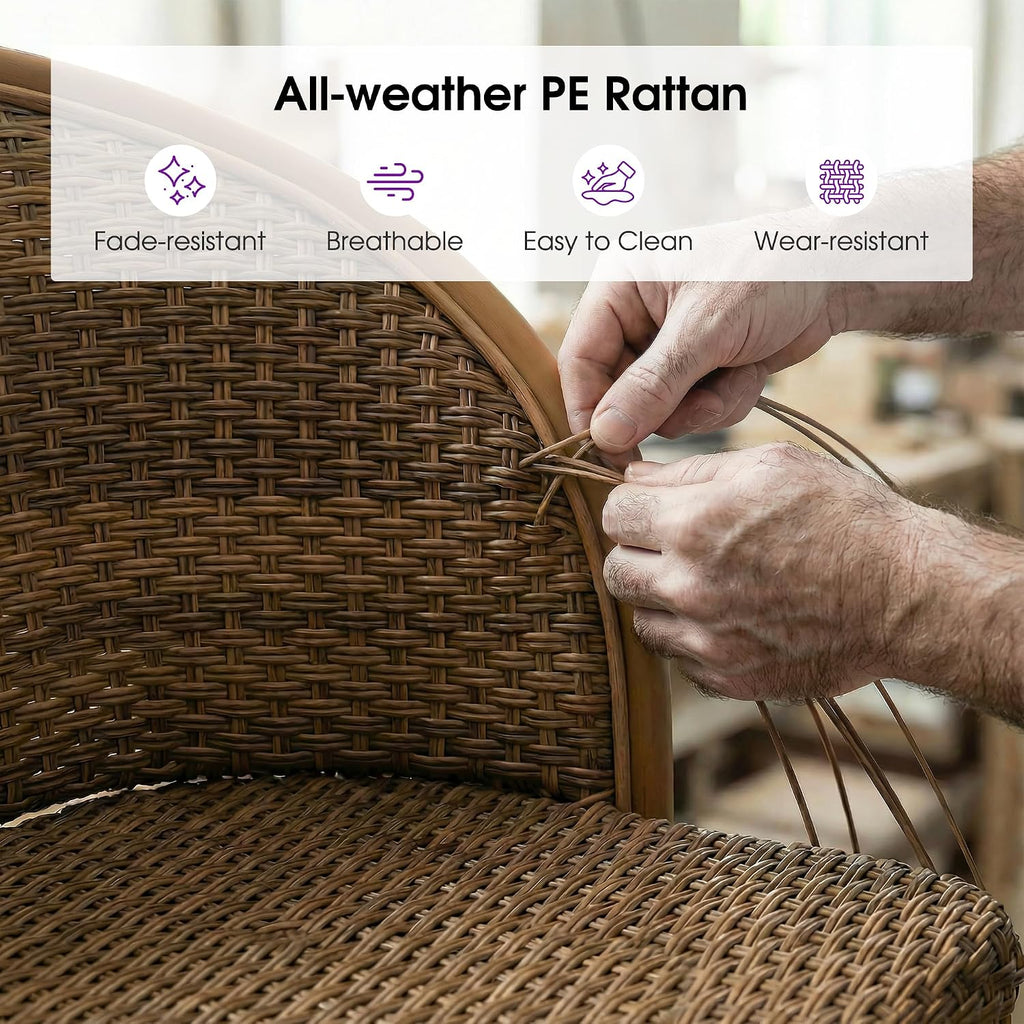 PURPLE LEAF Outdoor Counter Height Bar Stool Set of 2 Rattan Wicker with Back and Armrests Aluminum Frame Bamboo Finish Patio Barstools for Kitchen Poolside Dining Bistros Cafe Restaurant, Brown