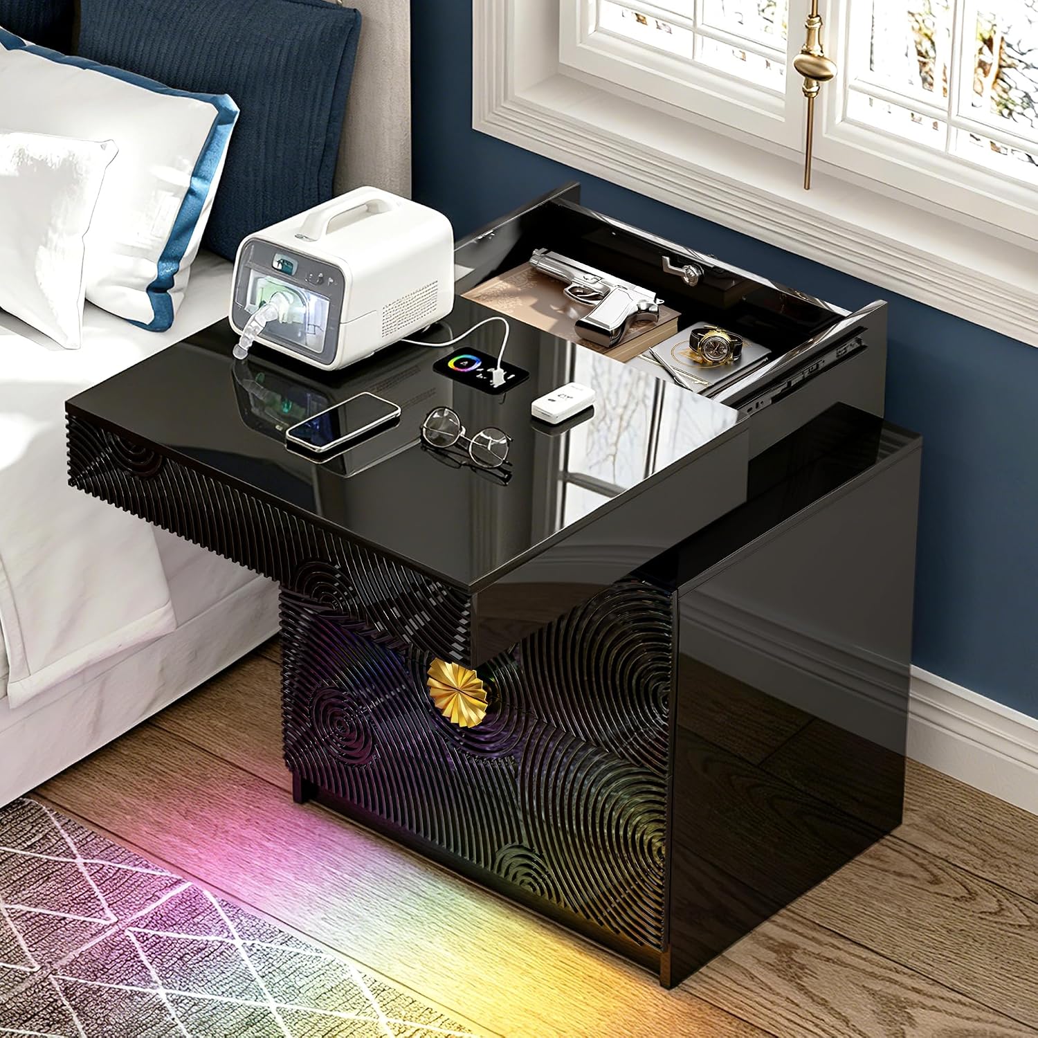 WOOVIVS Bedside Table with 2 Drawers and Sliding Top, RGB Color Changing Lights Sync with Music Rhythm, Lockable Night Stand with Secure Hidden Storage for Bedroom(Black)