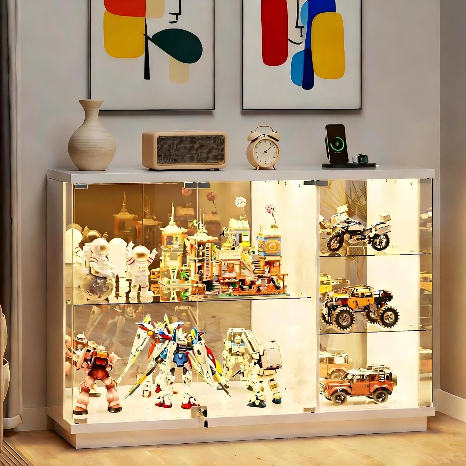 Gurexl 47.2" W Glass Display Cabinet with 3-Color LED Lights, 5-Tier Lockable Curio Cabinet with Human Body Sensor & Charging Station, Display Case for Collectibles, Living Room, Kitchen, White