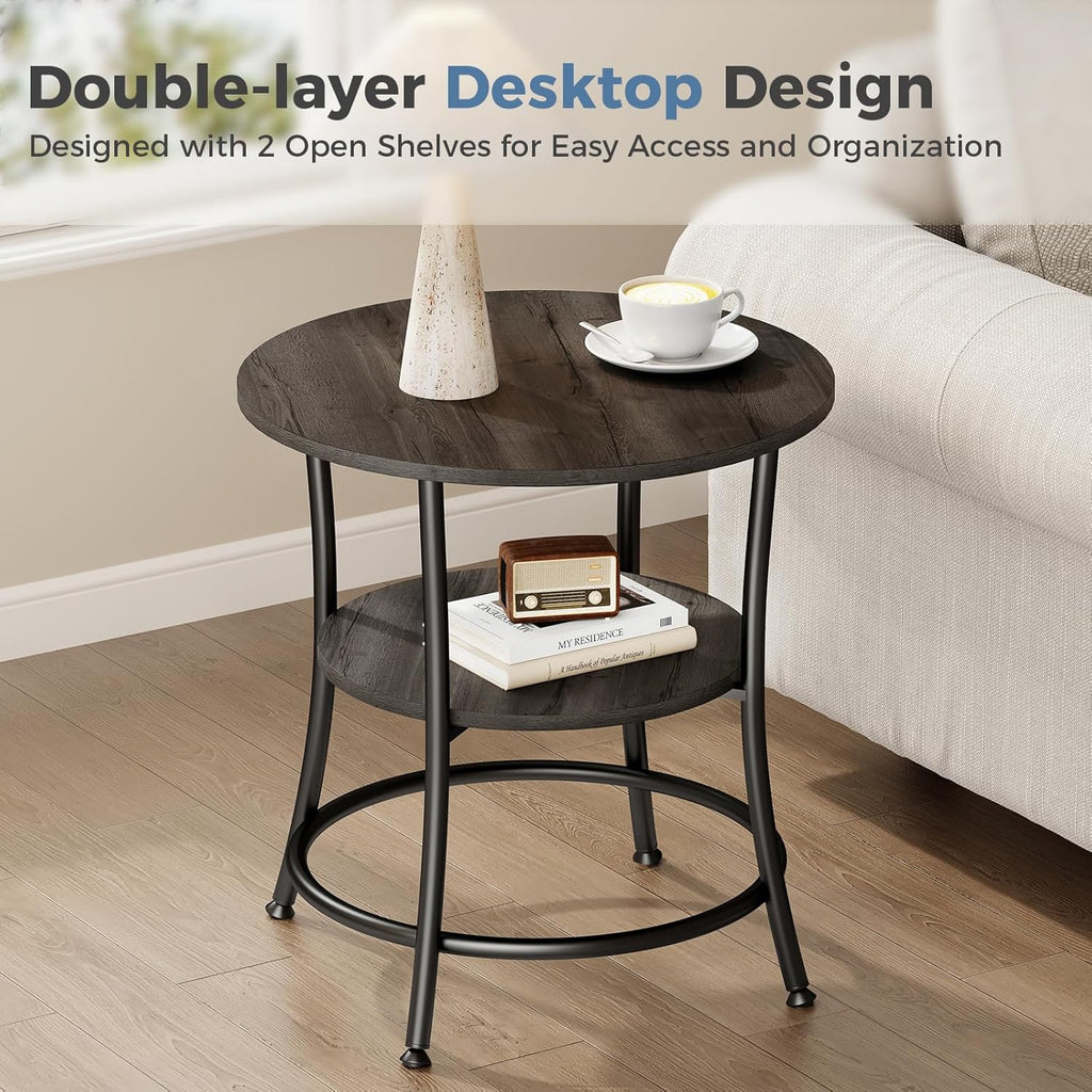 OLIXIS 21.85-Inch Round End Table, 2-Tier Side Round Table for Living Room, Accent Table with Storage Shelf, Sturdy Metal Frame Nightstand for Small Space, Round Bedside, Grey Wood Grain