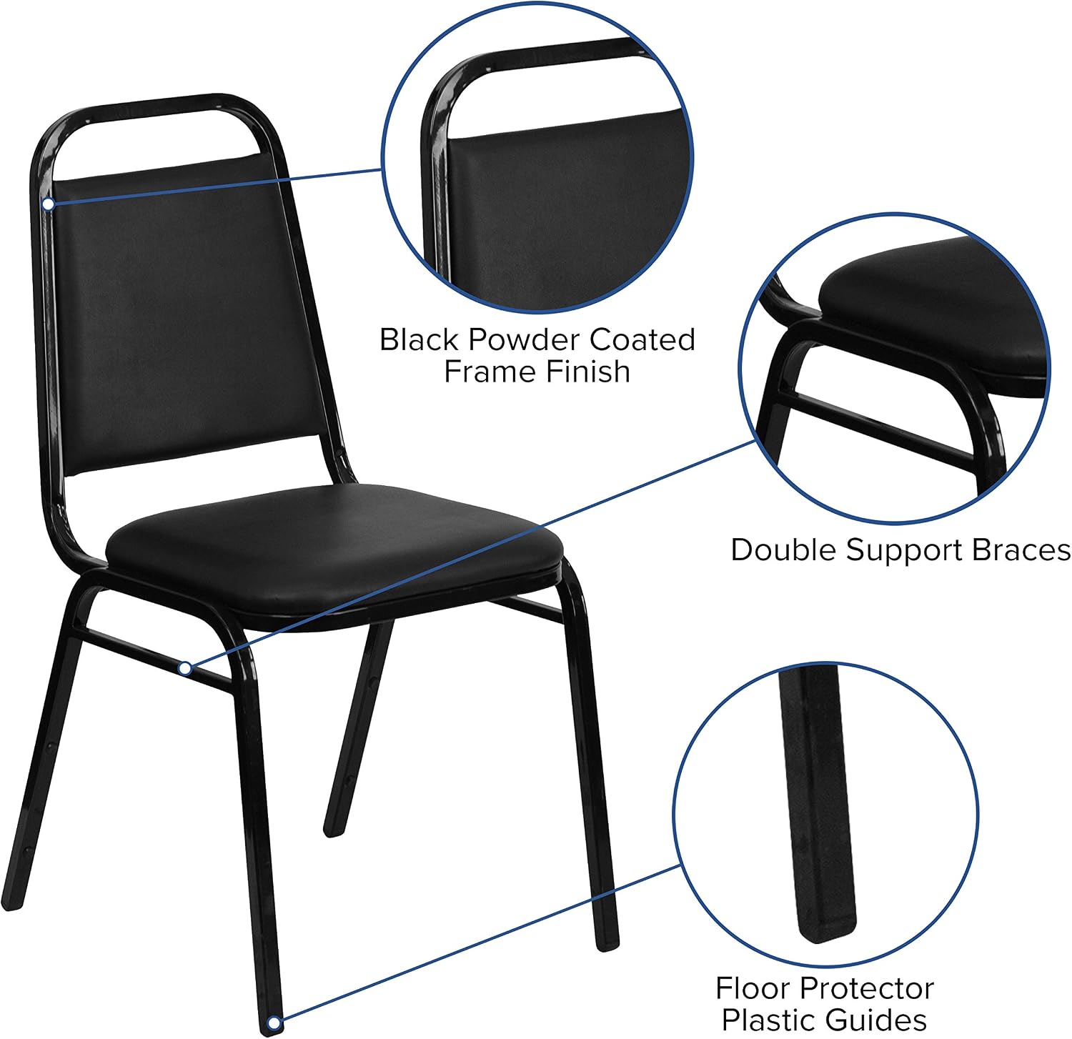 EMMA + OLIVER Trapezoidal Back Vinyl Stackable Banquet Chair, Multipurpose Stacking Chair with Padded Seat and Back, Black