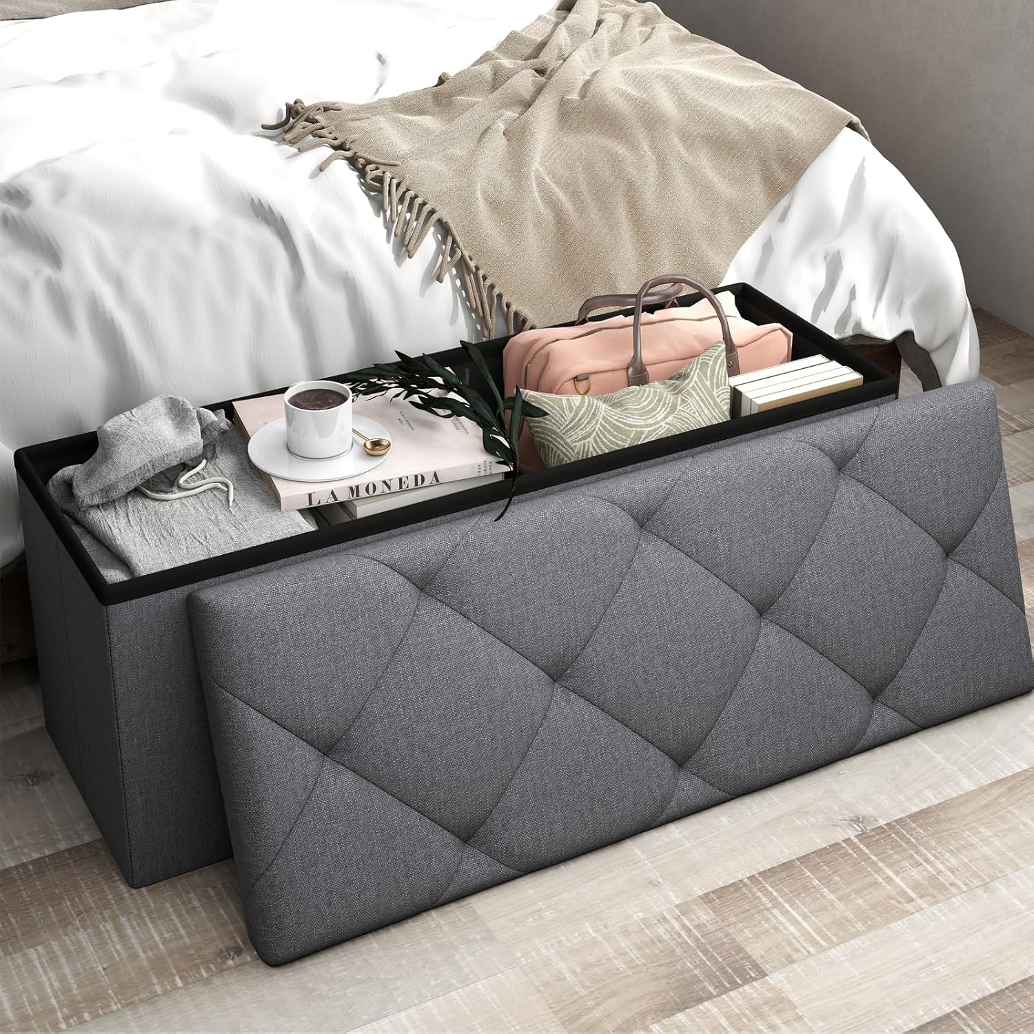Folding Ottoman with Storage Bench,Storage Ottoman Bench,30 Inches Ottoman Foot Rest,End of Bed Bench,Support 660LBS Foot Rest Stool for Living Room,Bedroom,Home Office,Dark Gray（30Wx15Dx15H