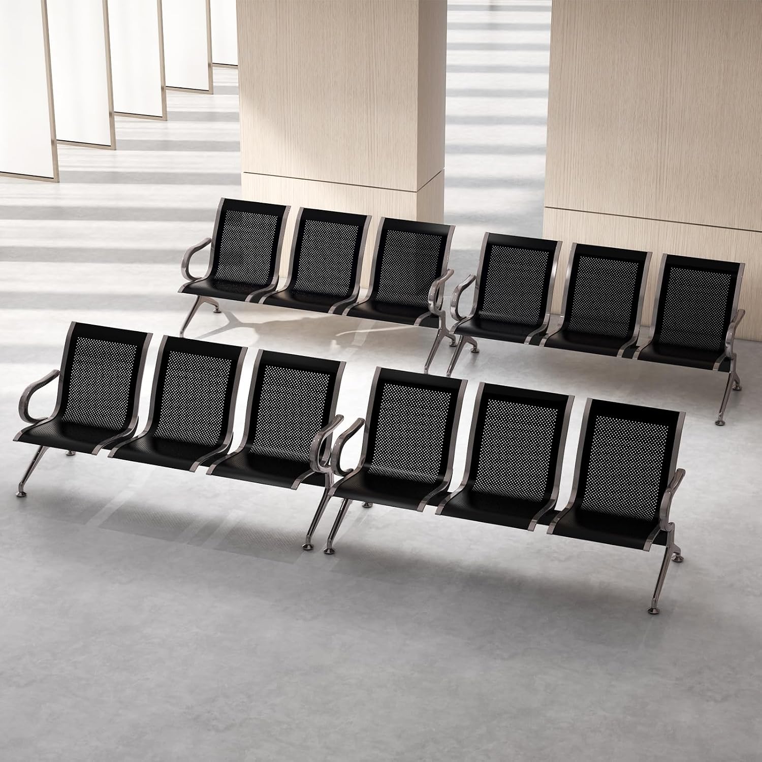 Kinfant Waiting Room Bench Set - Metal Office Guest Reception Seat Black Mesh Waiting Room Chairs with Armrest for Airport, Hospital, Bank, Salon, Barbershop, Hall(3-Seat, Set of 4)