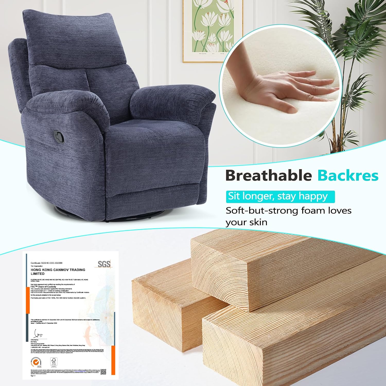 ANJ Swivel Rocker Recliner Chair, Manual Fabric Glider Nursery Recliner Chair, Single Rocking Modern Sofa Home Theater Seating for Living Room, Nursery (Slate Blue)