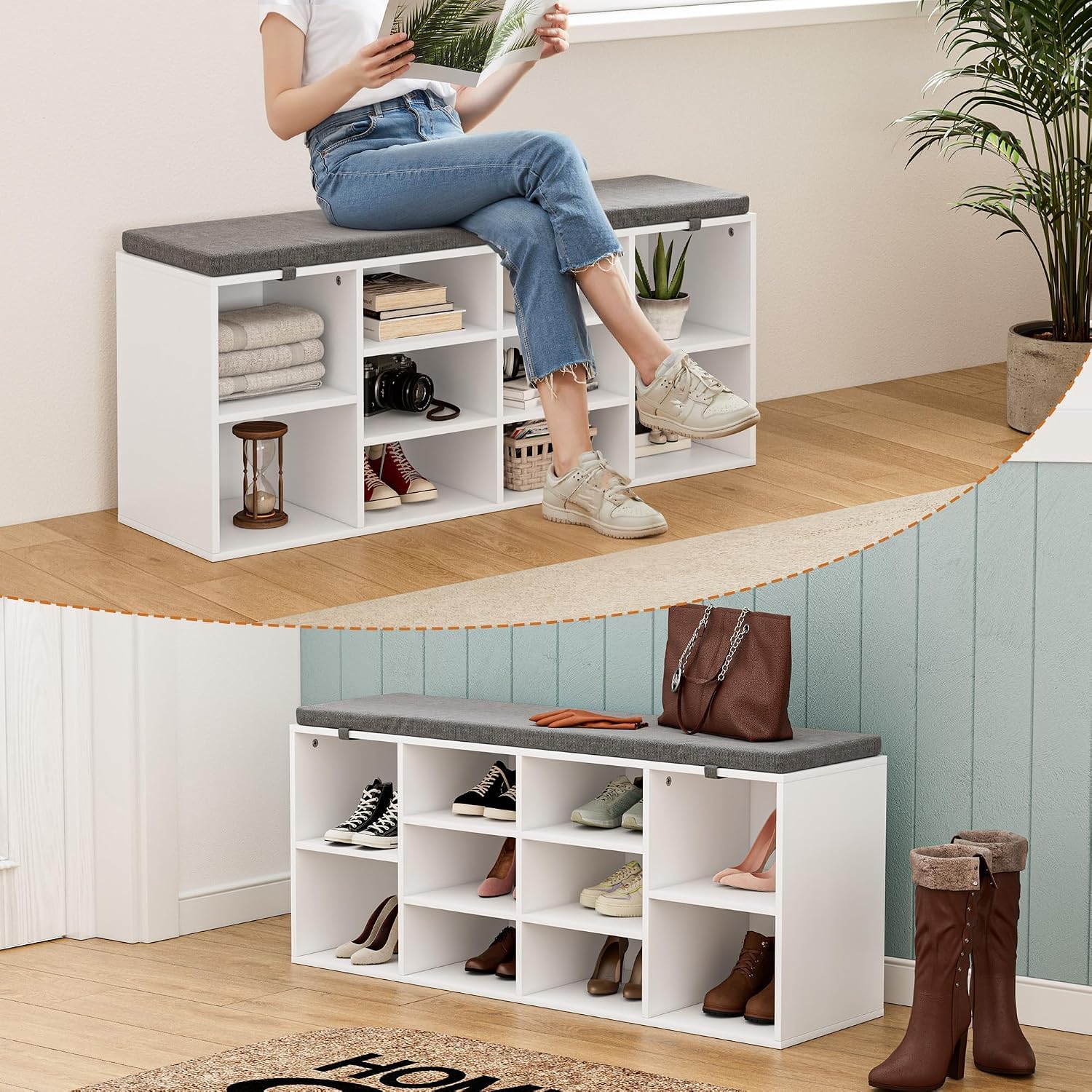 41" Shoe Storage Bench with Cushion, Entryway Shoe Rack with 10 Cubbies, Multifunctional Shoe Organizer Bench for Hallway, Bedroom, Living Room, White