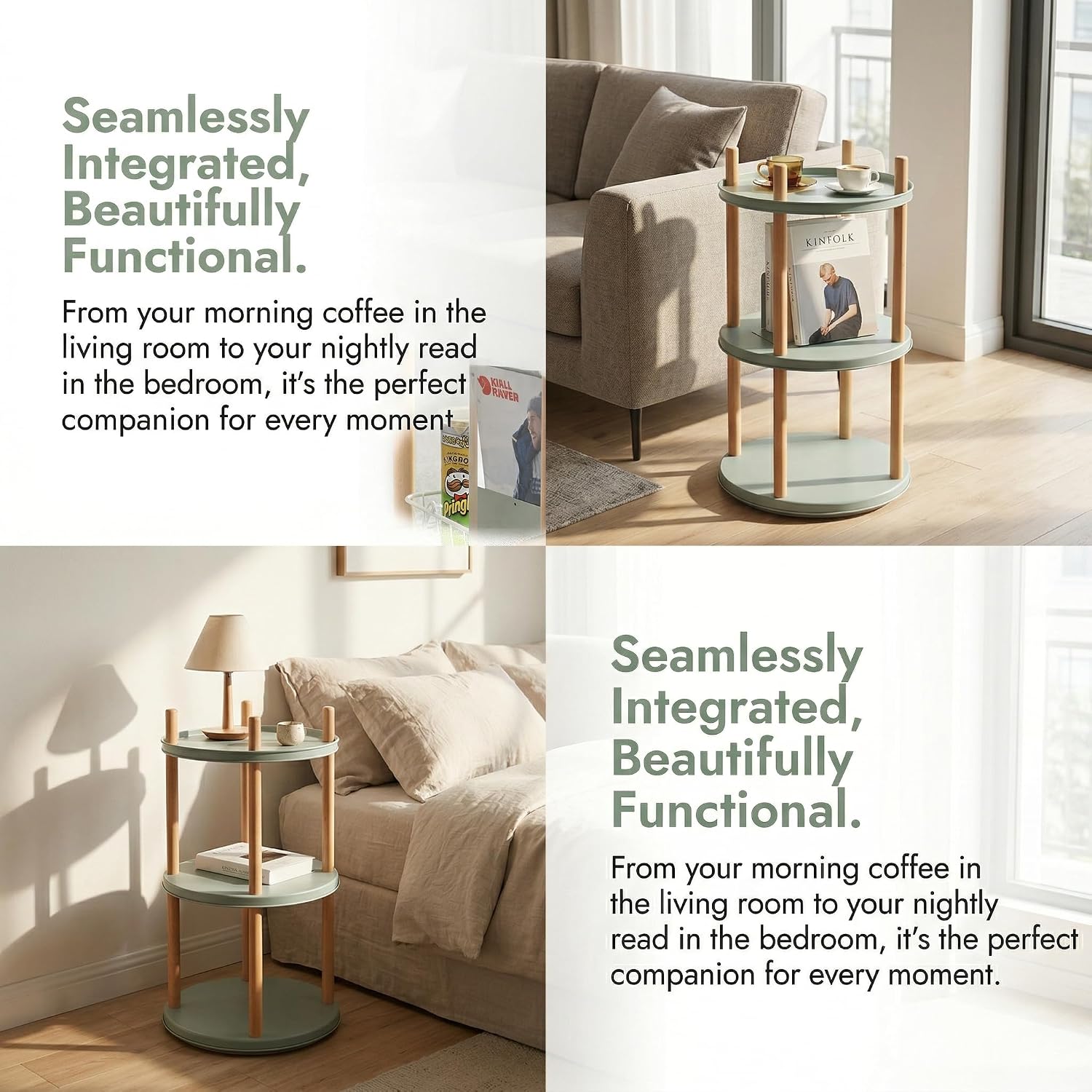 3-Tier Rotating Side Table, Round End Table with Storage Basket & Bookends, Modern Narrow Nightstand for Small Spaces, Living Room, Bedroom, Mint Green & Natural Wood