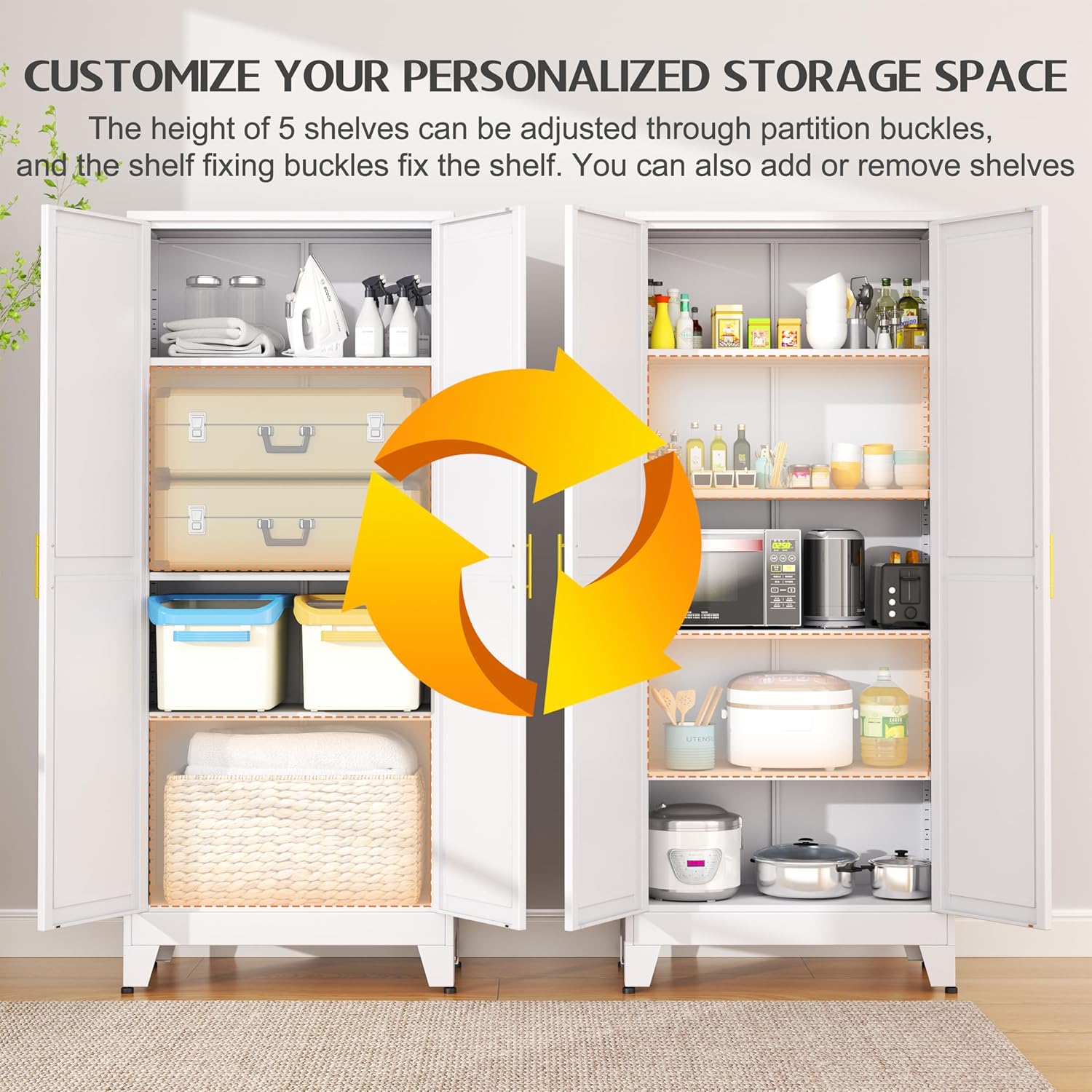GAIOUS 75.2" Tall Metal Kitchen Pantry Storage Cabinets with 2 Door and 5 Adjustable Shelves, Cupboard for Kitchen, Dining Room, Living Room and Bathroom, White