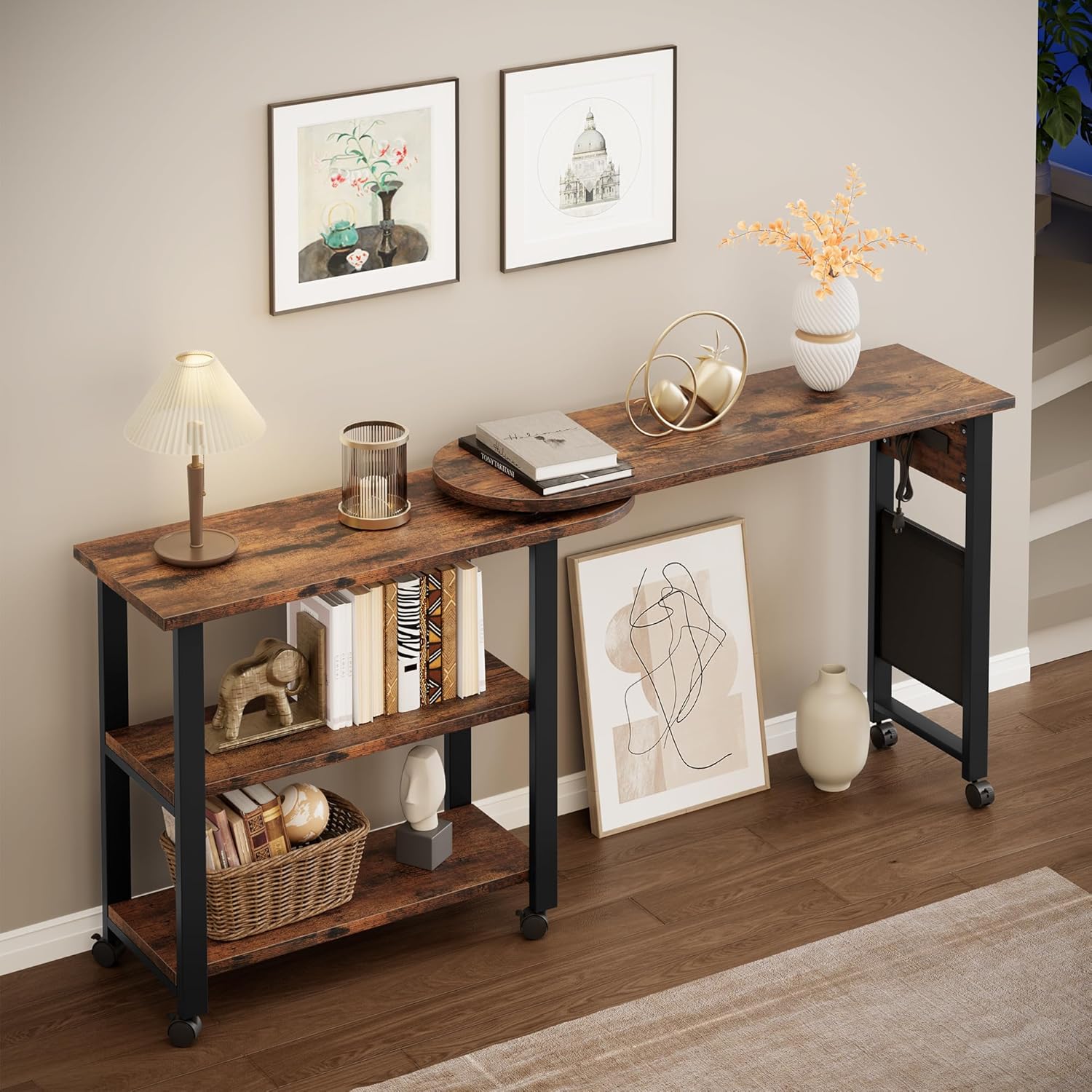 GarveeHome Rotating Side Table 360° End Table with Charging Station Swivel Side Table with Extra Storage Bag Movable End Table with 6 Swivel Wheels with Brakes for Bedroom Living Room