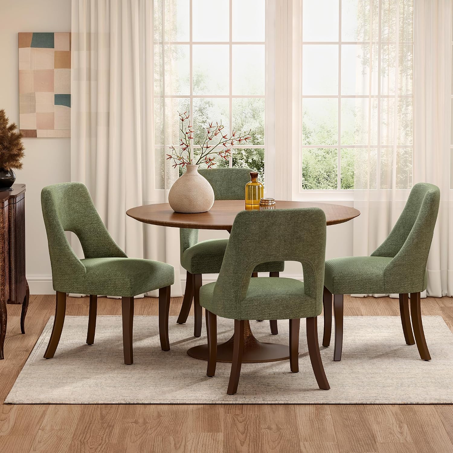 AQO Wooden Dining Chairs Set of 6, Mid Century Upholstered Kitchen Chairs Dining Room Chairs, Chenille Farmhouse Kitchen Chairs Dinner Chair for Kitchen Dining Room, Green