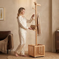 AQIMUELE Solid Wood Coat Rack, Freestanding Coat Rack with 6 Hooks, Natural Wooden Clothes Rack for Bedroom, Kids Room, Hallway, Entryway