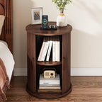 wanan Round Fluted End Table Set of 2, Tall Side Table with Sliding Tambour Door and Adjustable Storage Shelf, Modern Bedside Table, Nightstand for Living Room, Bedroom (Walnut)