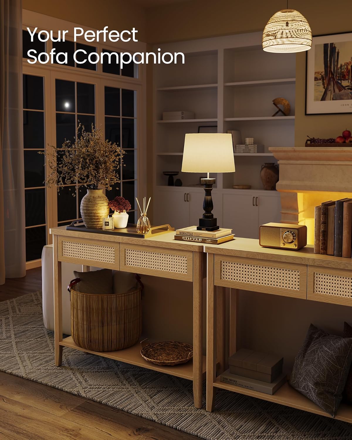 VASAGLE Console Sofa Table, Narrow Entryway Table, 2 Drawers, Open Storage Shelf, Rounded Corners, for Living Room, Boho Style, Oak Beige ULNT016YC01S