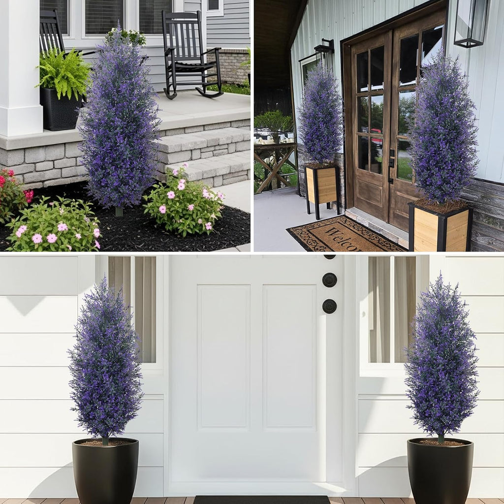 GTIDEA Artificial Purple Lavender Topiary Tree with Ground Spike, Artificial Outdoor Plants Fake Bushes UV Resistant Faux Shrubs Fade Proof for Outdoor Garden Front Decor, 2 Pack 4FT