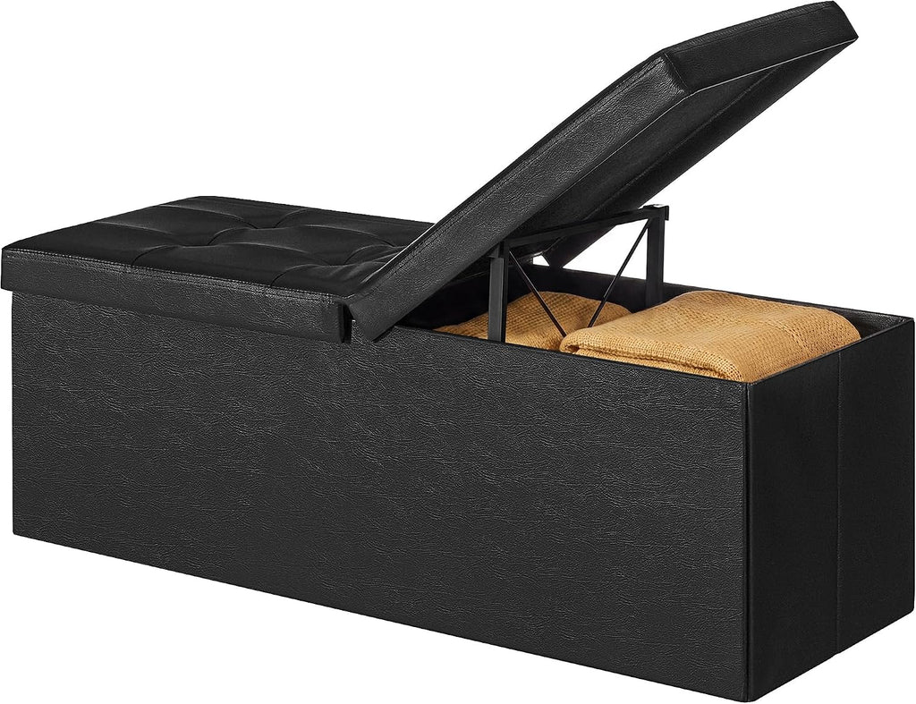 SONGMICS HOME Foldable Foot Rest Stool, Storage Ottoman, Tufted Design, PU Leather, for Entryway, Living Room, 43.2 Inches, Black