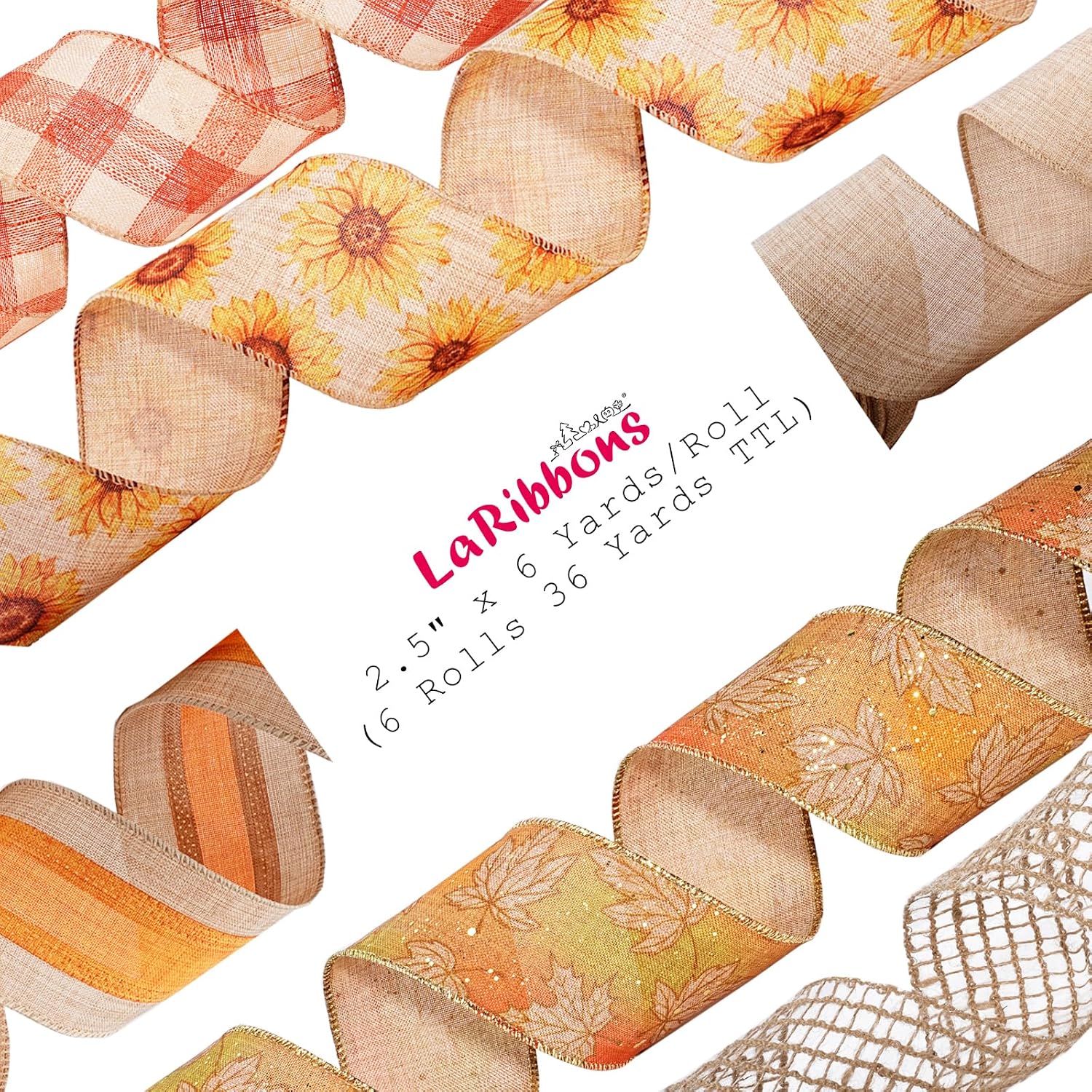 LaRibbons Fall Ribbon Wired 2.5" x 6 Yards Each Roll, Sunflower, Harvest Leaves, Plaid & Deco Mesh Faux Linen Ribbon for Wreaths, Farmhouse Decor, Autumn Crafts