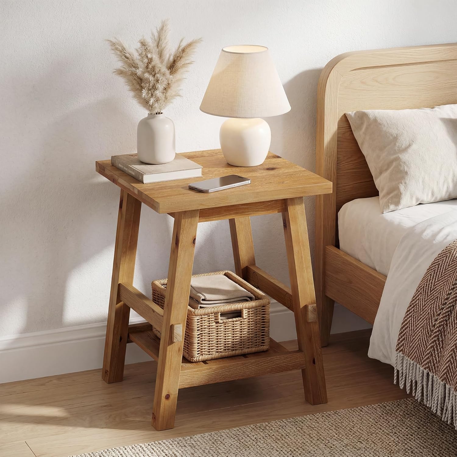 Solid Wood Square Side Table, 2 -Tier Farmhouse End Table, Nightstands with Shelf Storage for Living Room, Bedroom, Office and Small Spaces, Rustic Brown