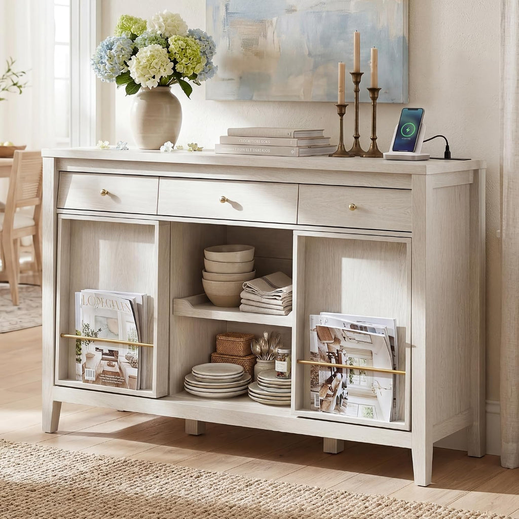 Buffet Cabinet with Storage, Modern Sideboard Cabinet with 3 Drawers, 2 Sliding Doors & Pull-Out Shelf, Coffee Bar Cabinet with Charging Station, White
