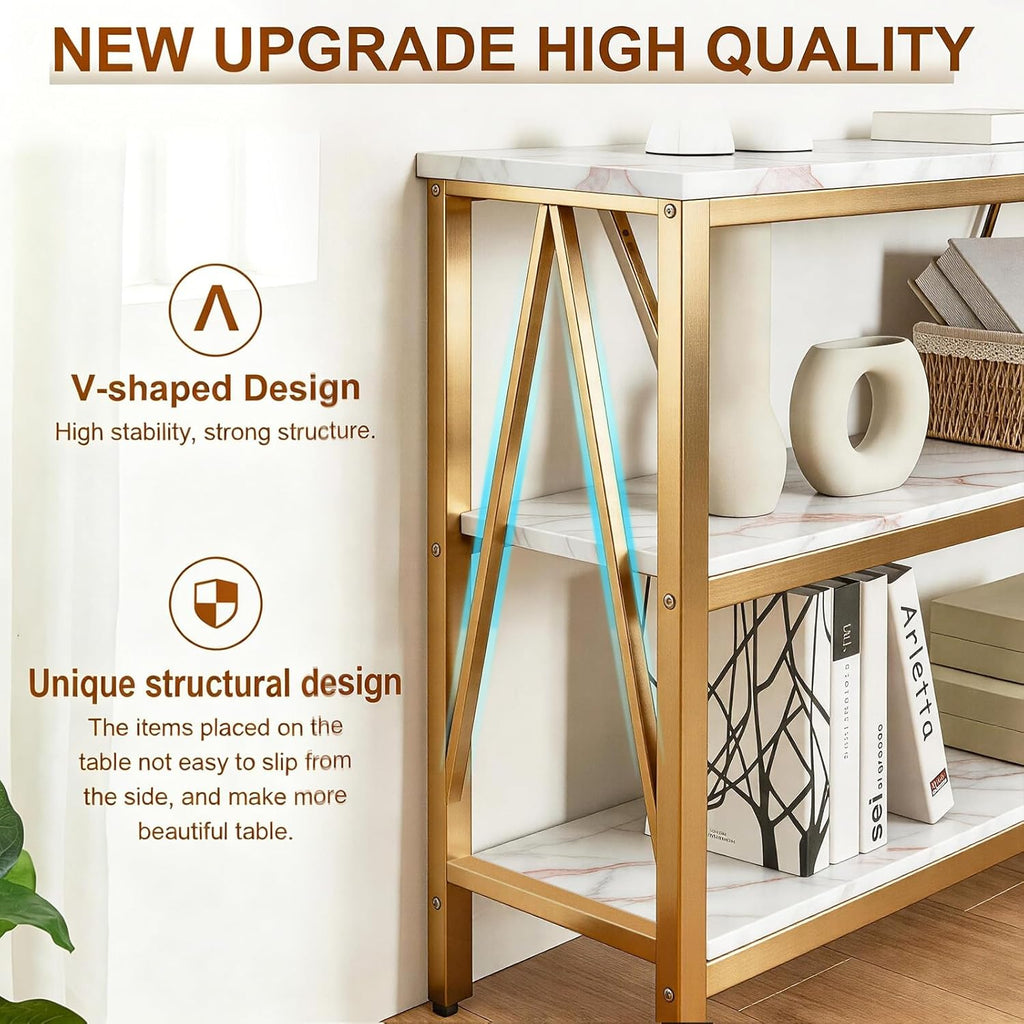 HOMISSUE Entryway Console Table, Rustic Console Tables with Wide Storage, Industrial Foyer for Entry with 3-Tier Open Shelves, Gold, 47 Inch
