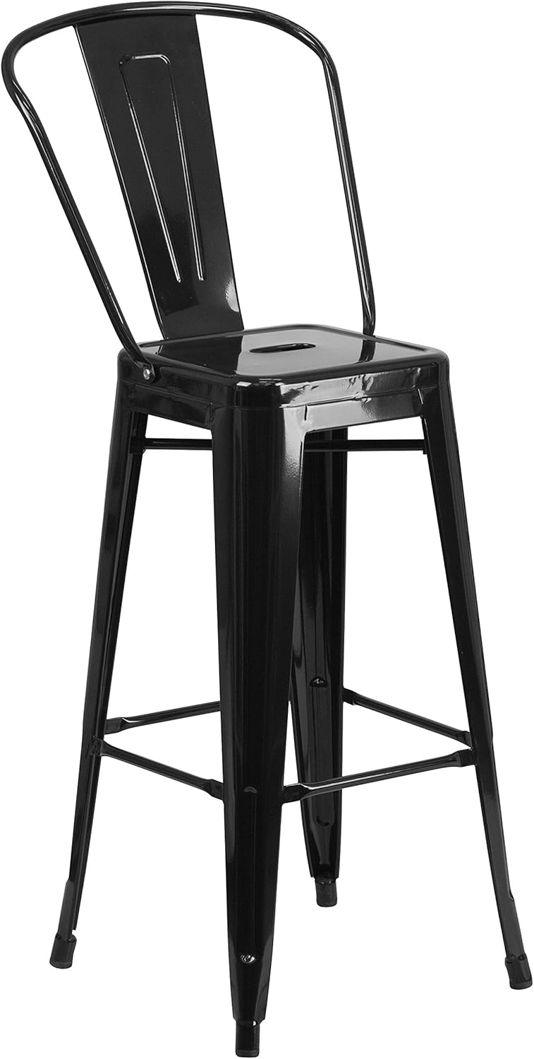 EMMA + OLIVER Commercial Grade 30" H Black Metal Indoor-Outdoor Barstool with Back