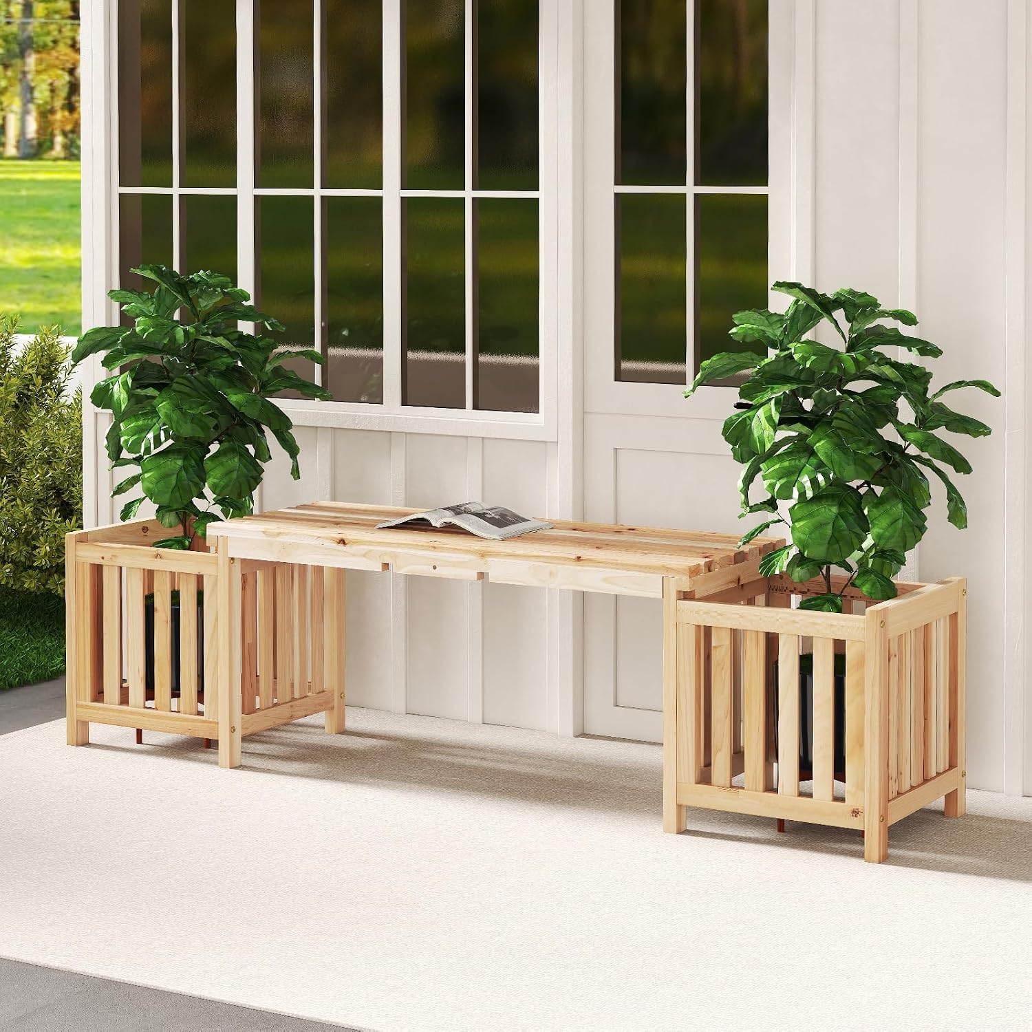 HAPPYGRILL Patio Wooden Bench with Planter, 2 Person Patio Bench with/ 2 Side Flower Box, Slot Design for Easy Assembly, Natural Fir Wood Frame, Outdoor Garden Bench Seat for Patio, Garden, Backyard