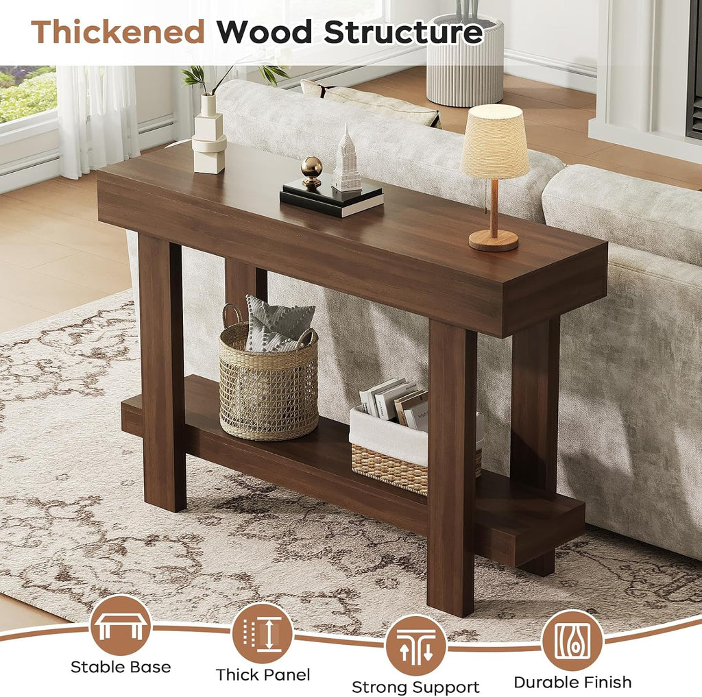 Console Table for Entryway, 47.2" Narrow Farmhouse Sofa Table with Thick Tabletop & Storage Shelf, 2-Tier Modern Wooden Entryway Industrial Table for Hallway, Living Room, Foyer, Behind Couch, Walnut