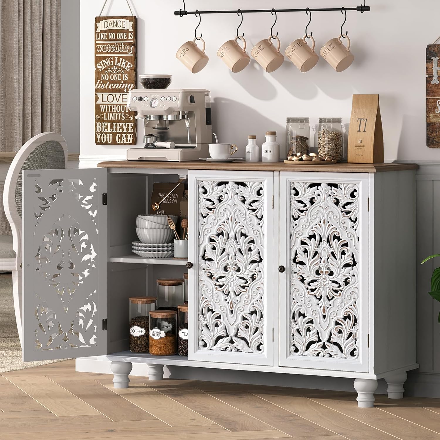Jiansu furni Sideboard Buffet Cabinet with Storage,Accent Cabinet with 3 Doors & Adjustable Shelves for Kitchen, Living Room,Hallway,Bedroon(White)