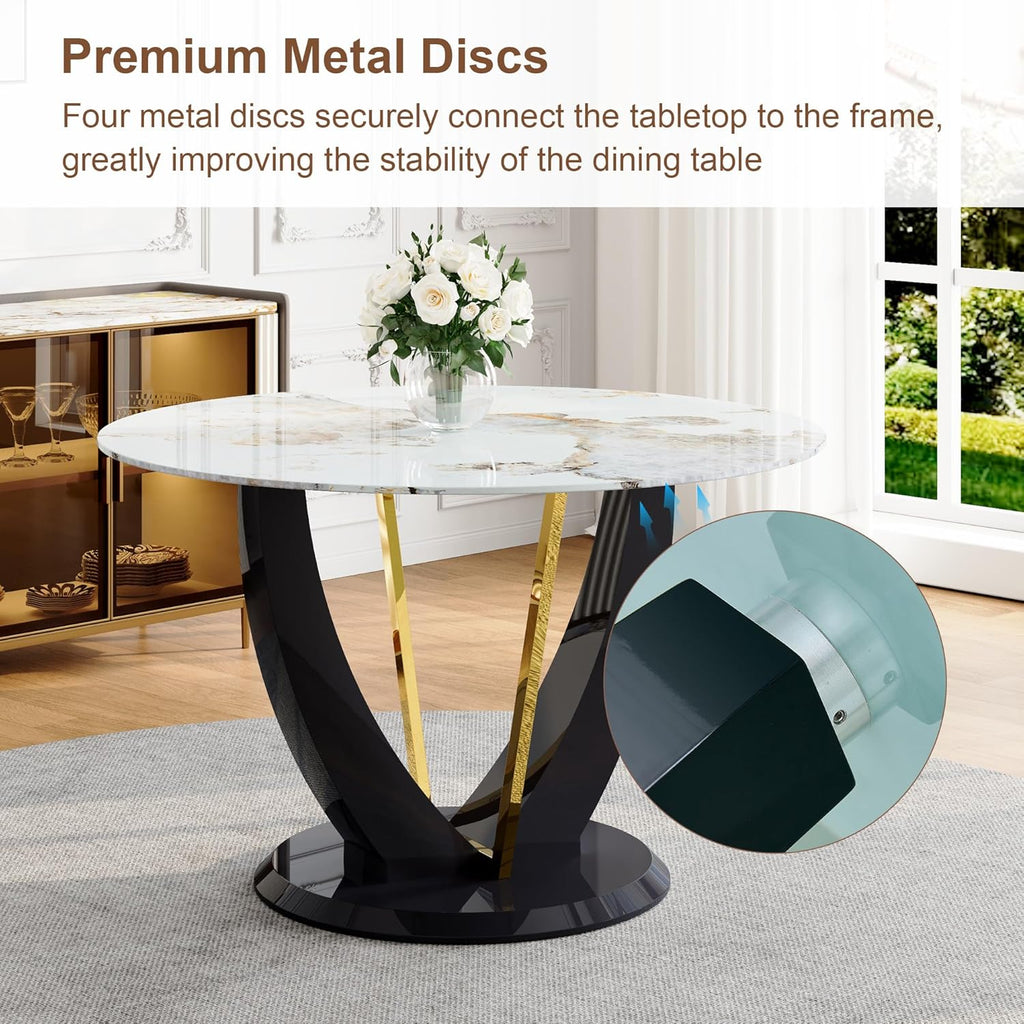 42" Round Dining Table for 4-6, Modern Faux Marble Kitchen Tabletop with Black Wood Pedestal and Gold Metal Frame, Circle Dinner Table for Dining Room