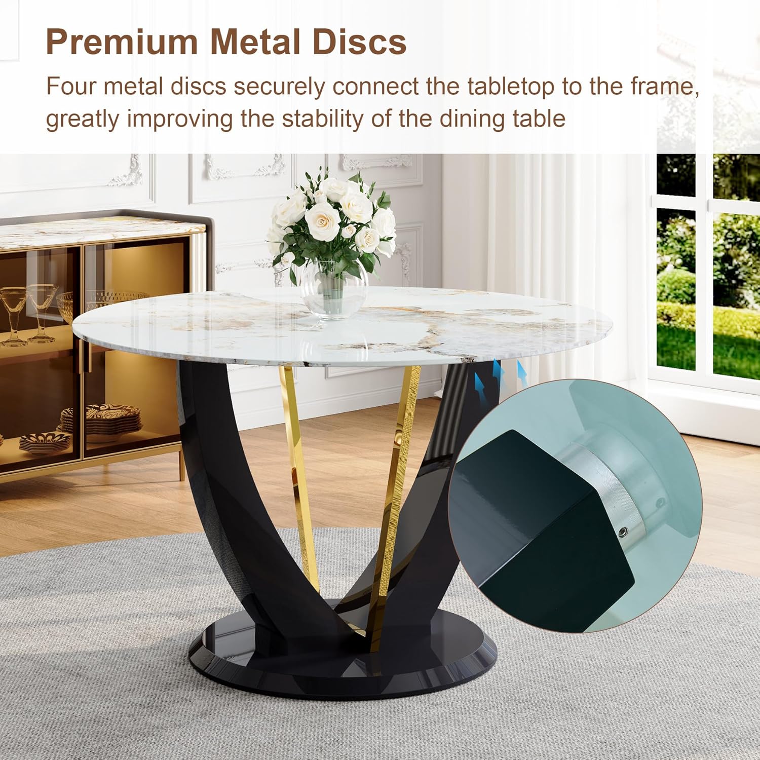 42" Round Dining Table for 4-6, Modern Faux Marble Kitchen Tabletop with Black Wood Pedestal and Gold Metal Frame, Circle Dinner Table for Dining Room